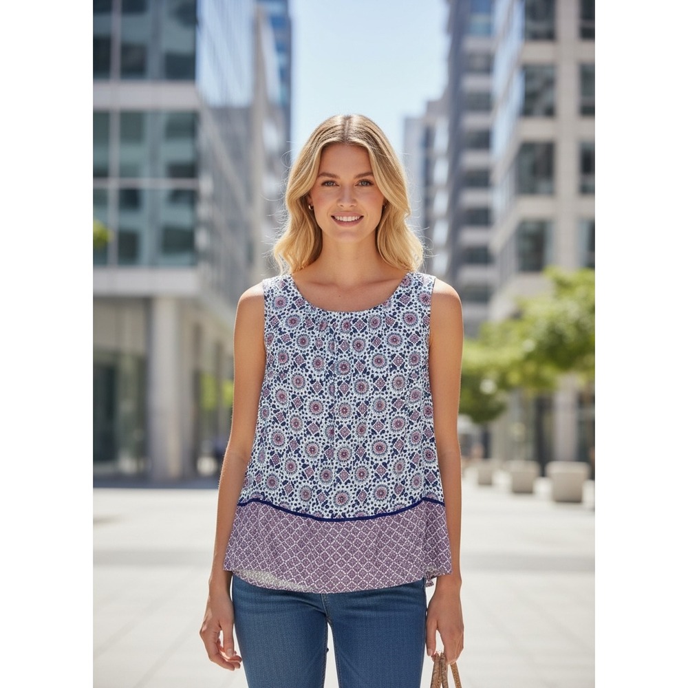 Camaïeu Geometric Medallion Print Sleeveless Top Women M Blue Boho Summer Chic